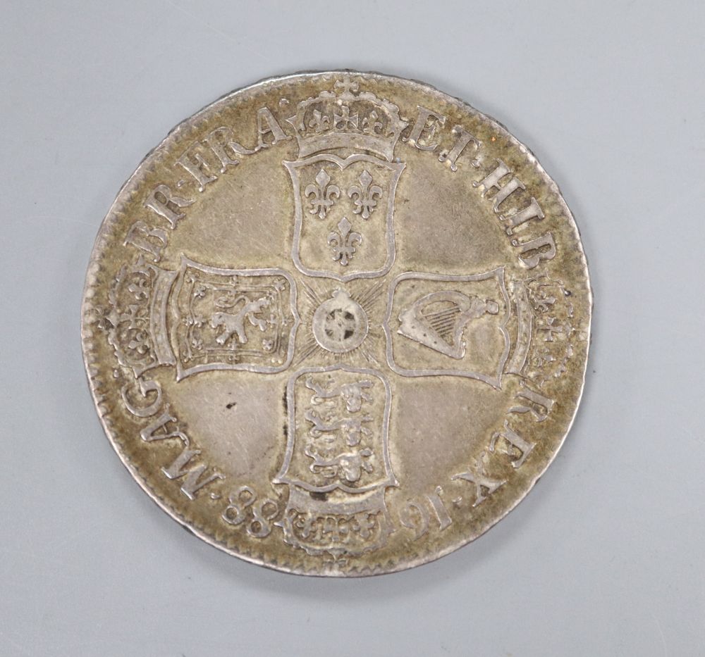 A James II silver crown 1688, F and obverse vf